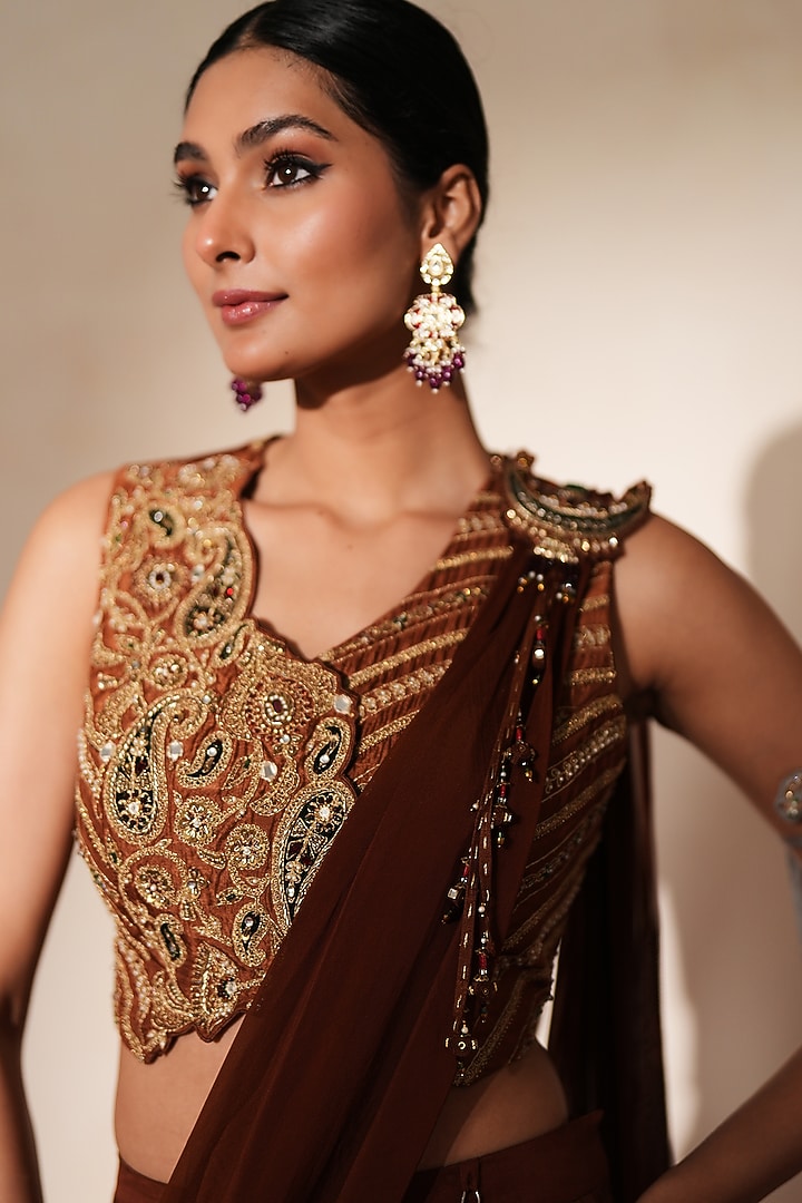 Metallic Brown Organza Embroidered Wedding Lehenga Set by Isha Gupta Tayal at Pernia's Pop Up Shop
