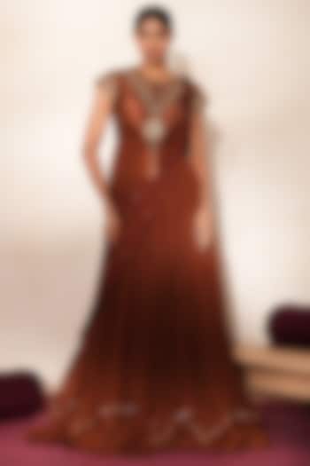 Metallic Wine-Brown Silk & Organza Embellished Wedding Anarkali Set by Isha Gupta Tayal at Pernia's Pop Up Shop