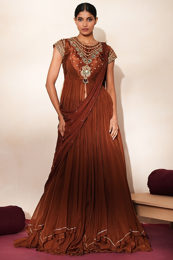 Metallic Wine-Brown Silk & Organza Embellished Wedding Anarkali Set by Isha Gupta Tayal at Pernia's Pop Up Shop