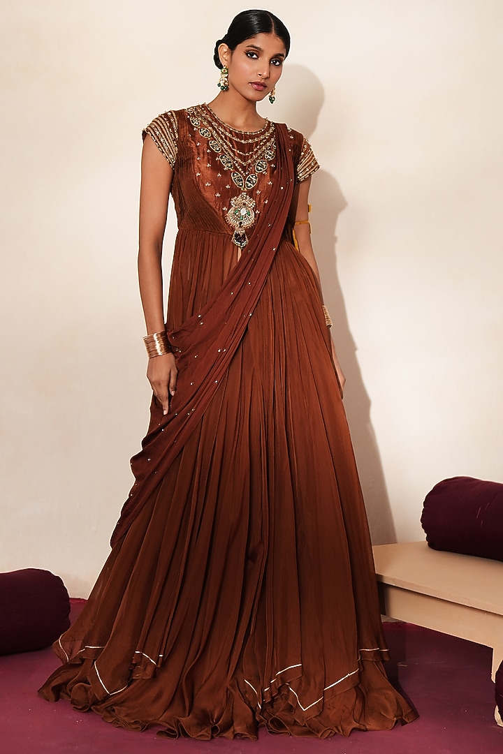 Metallic Wine-Brown Silk & Organza Embellished Wedding Anarkali Set by Isha Gupta Tayal at Pernia's Pop Up Shop