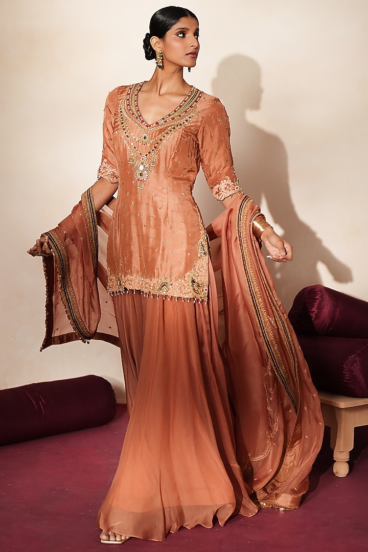 Metallic Mocha Organza Wedding Sharara Set by Isha Gupta Tayal at Pernia's Pop Up Shop