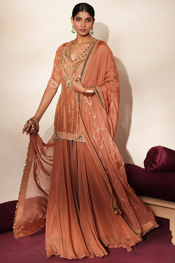 Metallic Mocha Organza Wedding Sharara Set by Isha Gupta Tayal at Pernia's Pop Up Shop