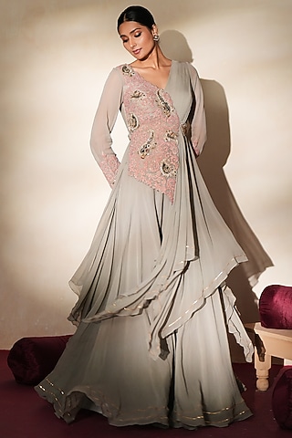 Metallic Grey Georgette Sharara Set by Isha Gupta Tayal