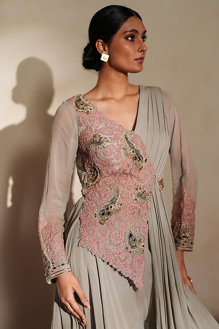 Metallic Grey Georgette Wedding Sharara Set by Isha Gupta Tayal at Pernia's Pop Up Shop