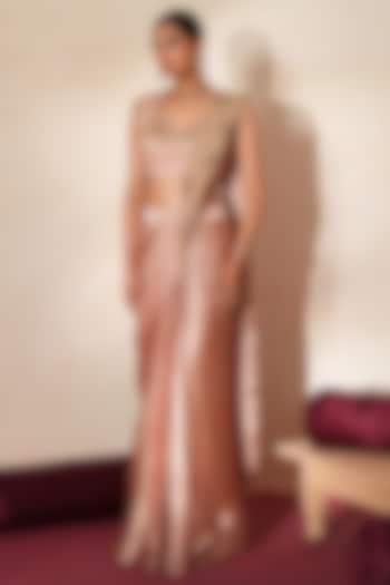 Metallic Soft Pink Chiffon Satin Embellished Pre-Draped Wedding Saree Set by Isha Gupta Tayal at Pernia's Pop Up Shop