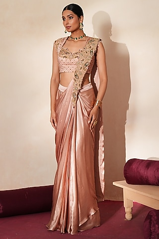 Metallic Soft Pink Chiffon Satin Embellished Pre-Draped Saree Set by Isha Gupta Tayal