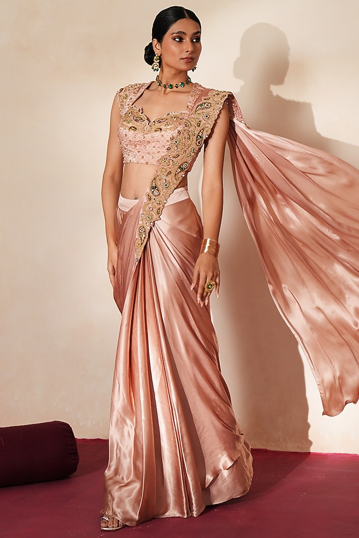Metallic Soft Pink Chiffon Satin Embellished Pre-Draped Wedding Saree Set by Isha Gupta Tayal at Pernia's Pop Up Shop