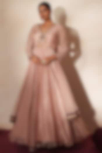 Metallic Soft Pink Zari-Weave Tissue & Organza Embroidered Wedding Anarkali Set by Isha Gupta Tayal at Pernia's Pop Up Shop