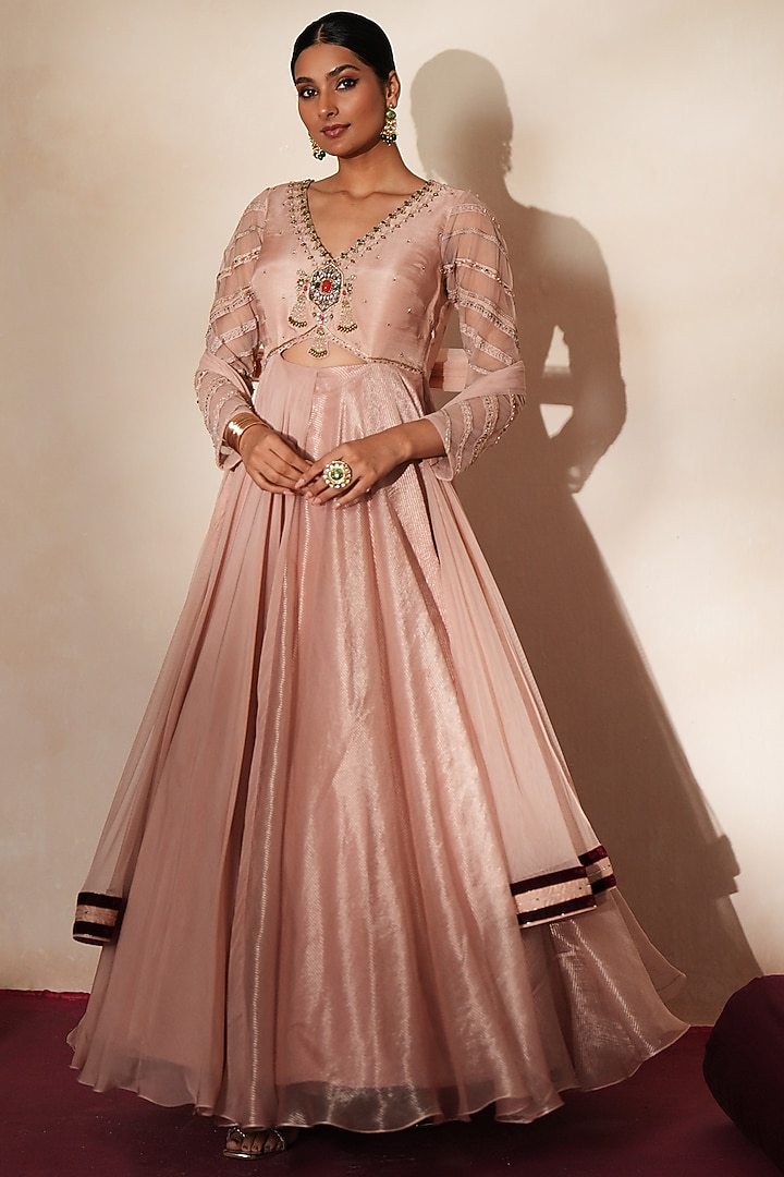 Metallic Soft Pink Zari-Weave Tissue & Organza Embroidered Wedding Anarkali Set by Isha Gupta Tayal at Pernia's Pop Up Shop