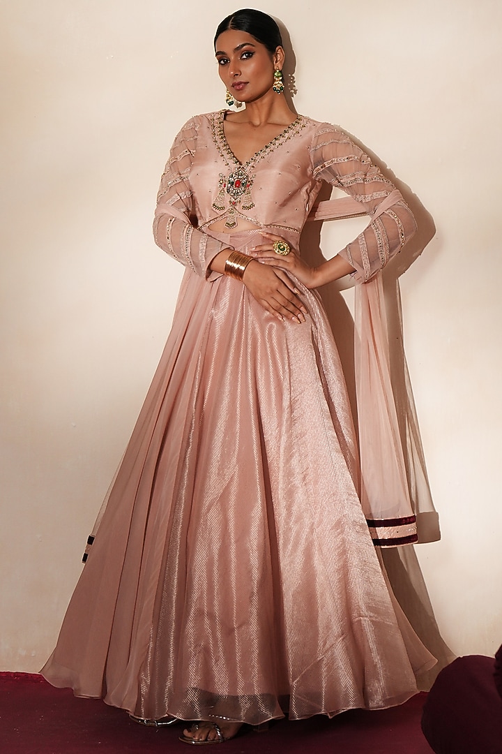 Metallic Soft Pink Zari-Weave Tissue & Organza Embroidered Wedding Anarkali Set by Isha Gupta Tayal at Pernia's Pop Up Shop