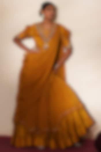 Golden Yellow Silk & Organza Hand Embroidered Wedding Anarkali Set by Isha Gupta Tayal at Pernia's Pop Up Shop