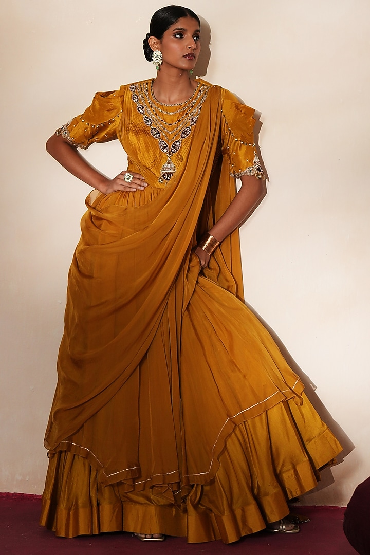Golden Yellow Silk & Organza Hand Embroidered Wedding Anarkali Set by Isha Gupta Tayal at Pernia's Pop Up Shop