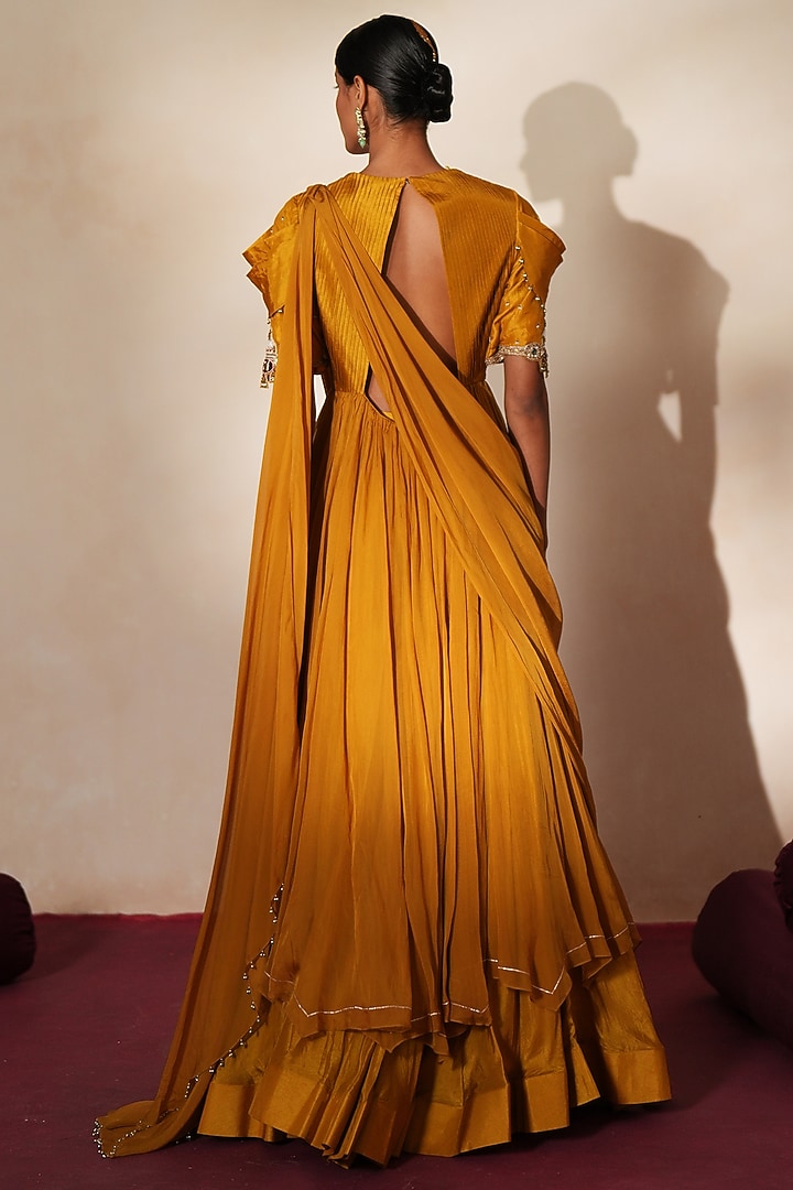 Golden Yellow Silk & Organza Hand Embroidered Wedding Anarkali Set by Isha Gupta Tayal at Pernia's Pop Up Shop