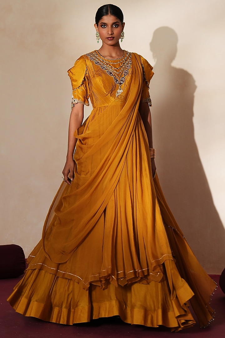 Golden Yellow Silk & Organza Hand Embroidered Wedding Anarkali Set by Isha Gupta Tayal at Pernia's Pop Up Shop