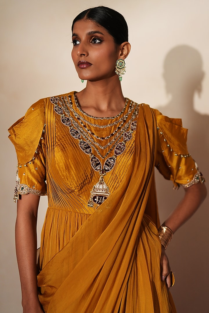 Golden Yellow Silk & Organza Hand Embroidered Wedding Anarkali Set by Isha Gupta Tayal at Pernia's Pop Up Shop