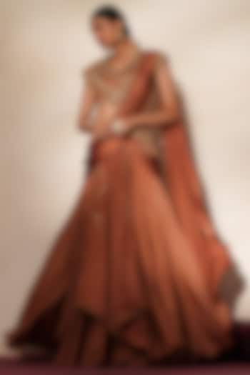 Metallic Mocha Satin Jadau Embroidered Pre-Draped Wedding Saree Set by Isha Gupta Tayal at Pernia's Pop Up Shop