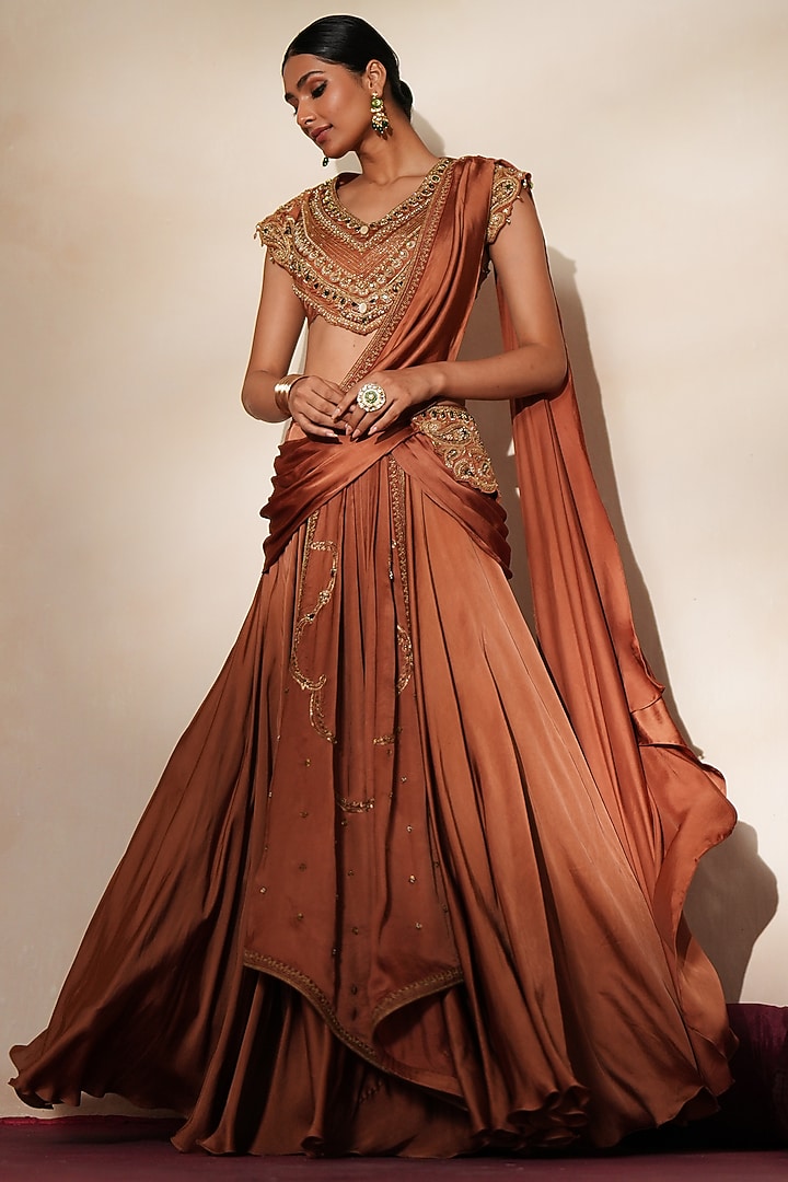 Metallic Mocha Satin Jadau Embroidered Pre-Draped Wedding Saree Set by Isha Gupta Tayal at Pernia's Pop Up Shop