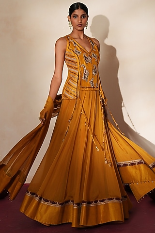 Golden Yellow Organza Lehenga Set by Isha Gupta Tayal