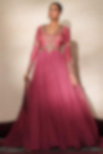 Metallic Mauve Pink Silk & Organza Jadau Embroidered Wedding Anarkali Set by Isha Gupta Tayal at Pernia's Pop Up Shop