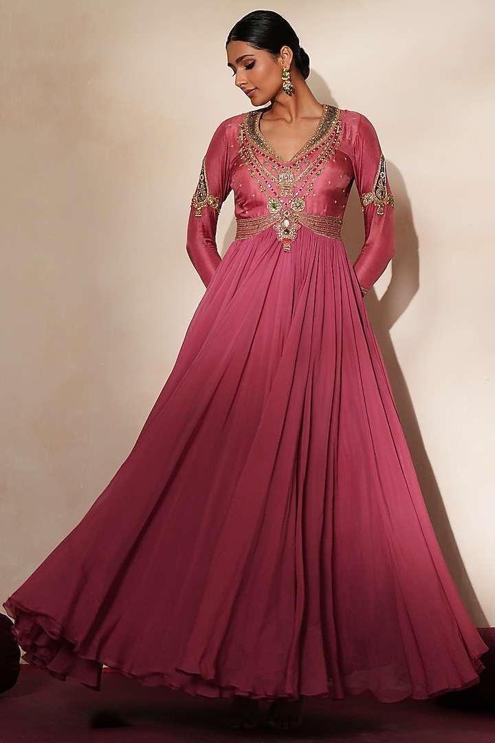 Metallic Mauve Pink Silk & Organza Jadau Embroidered Wedding Anarkali Set by Isha Gupta Tayal at Pernia's Pop Up Shop