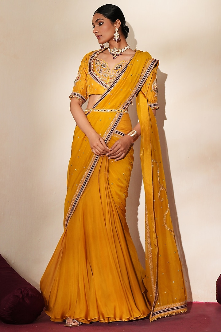 Golden Yellow Georgette & Organza Embroidered Pre-Draped Wedding Saree Set by Isha Gupta Tayal at Pernia's Pop Up Shop