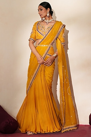 Golden Yellow Georgette & Organza Embroidered Pre-Draped Saree Set by Isha Gupta Tayal