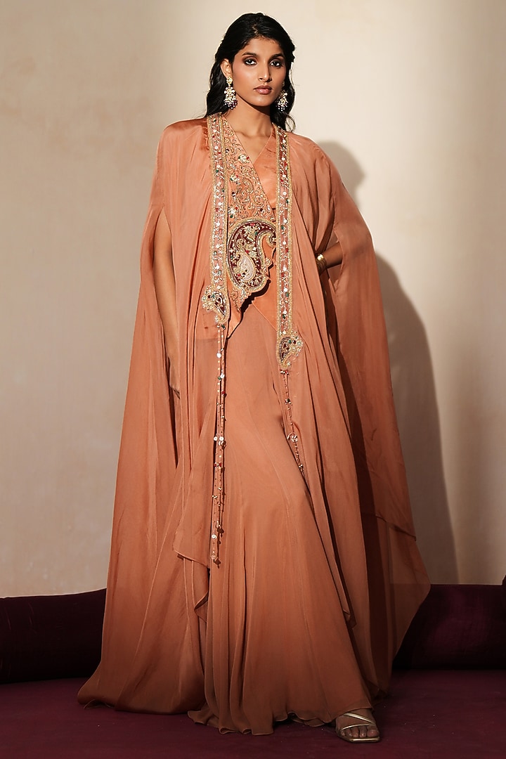 Metallic Mocha Silk Dabka Embroidered Wedding Sharara Set by Isha Gupta Tayal at Pernia's Pop Up Shop