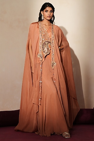 Metallic Mocha Silk Dabka Embroidered Sharara Set by Isha Gupta Tayal