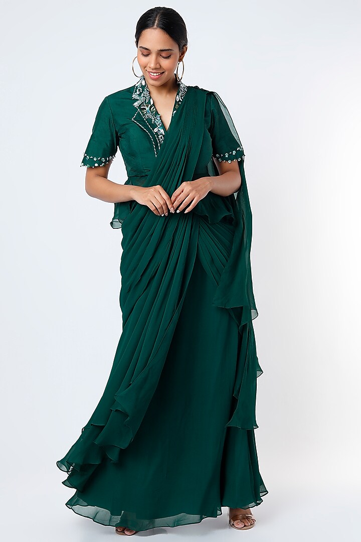 Jade Green Pre-Stitched Saree Set With Embroidered Jacket by Isha Gupta Tayal