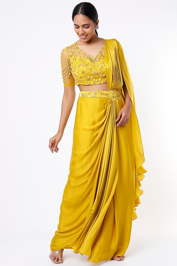 Citrine Yellow Pre-Stitched Saree Set With Embroidered Blouse by Isha Gupta Tayal