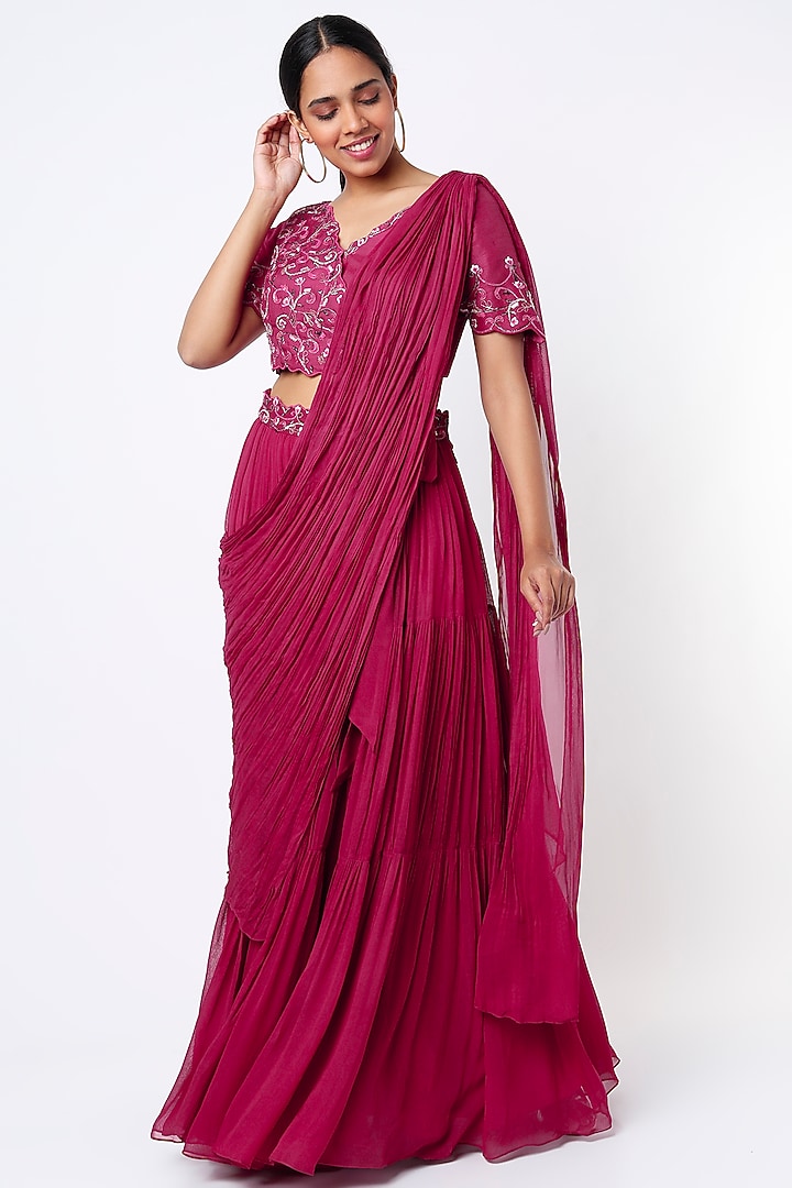 Pink Georgette Wedding Lehenga Saree Set With Detachable Drape by Isha Gupta Tayal at Pernia's Pop Up Shop