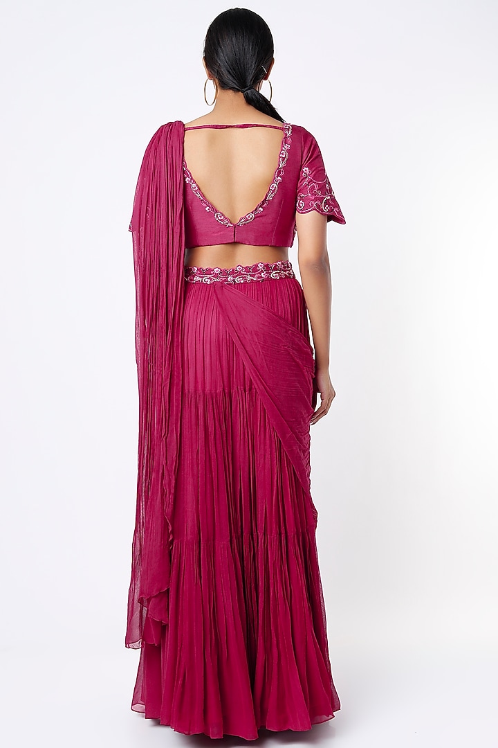 Pink Georgette Wedding Lehenga Saree Set With Detachable Drape by Isha Gupta Tayal at Pernia's Pop Up Shop