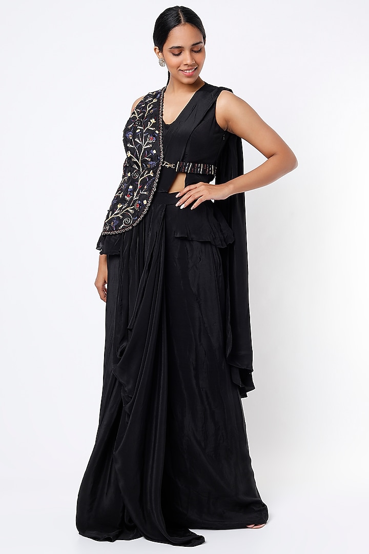 Black Onyx Pre-Stitched Saree Set With Embroidered Top by Isha Gupta Tayal