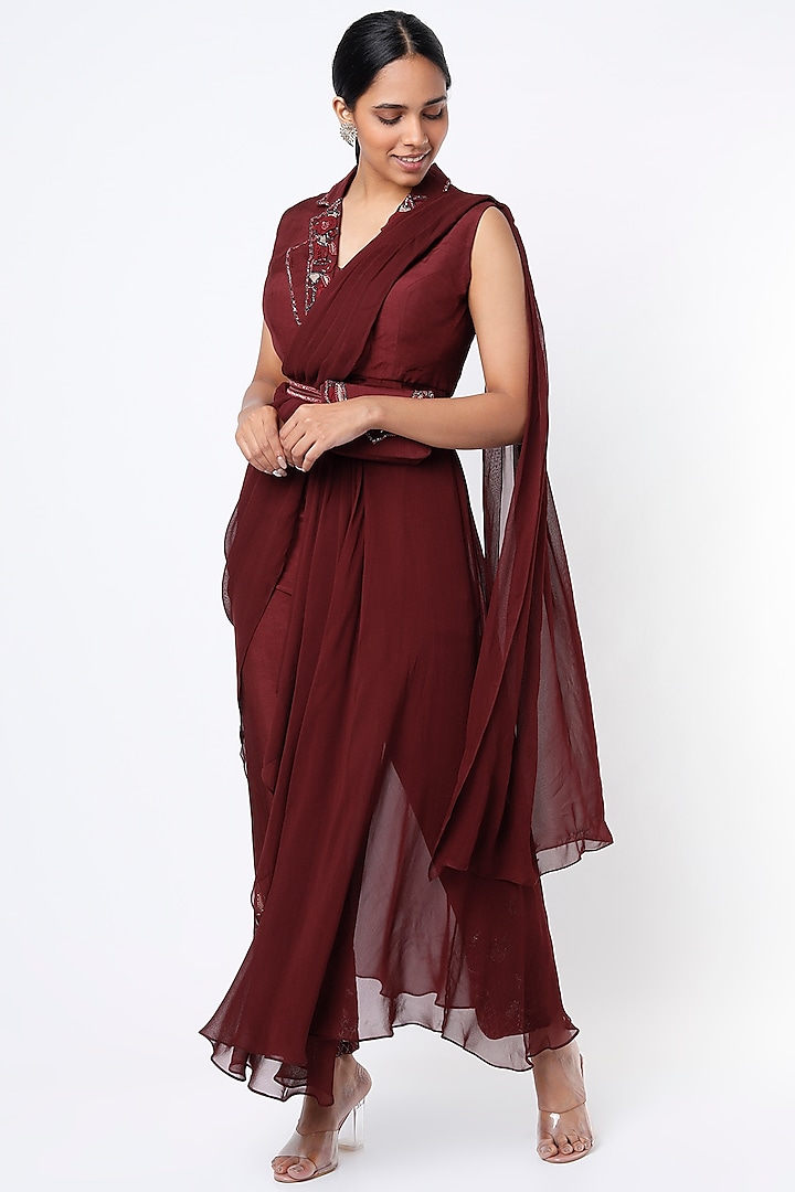 Ruby Red Silk Pant Saree Set With Belt  by Isha Gupta Tayal