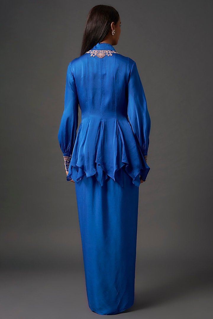 Blue Pure Satin Skirt Set by Isha Gupta Tayal at Pernia's Pop Up Shop