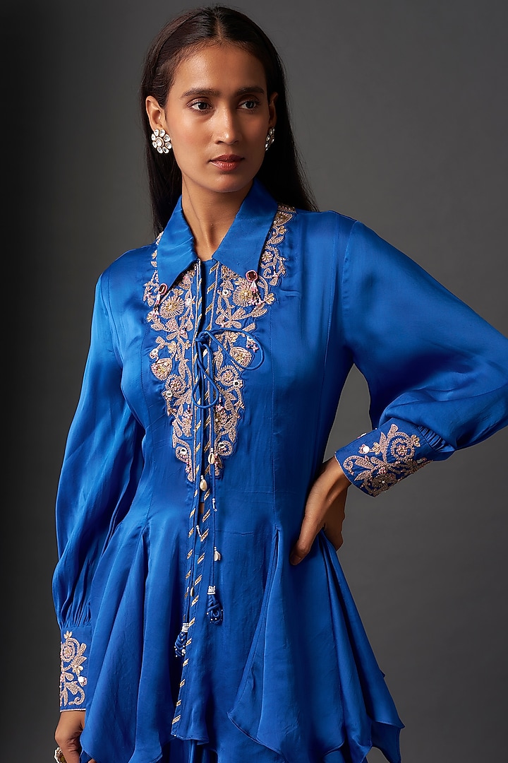 Blue Pure Satin Skirt Set by Isha Gupta Tayal at Pernia's Pop Up Shop