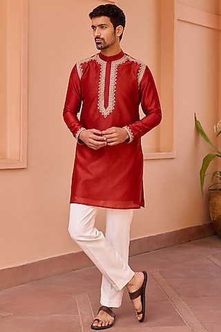 Red Pure Chanderi Silk Hand Embroidered Kurta Set by Isha Gupta Tayal Men