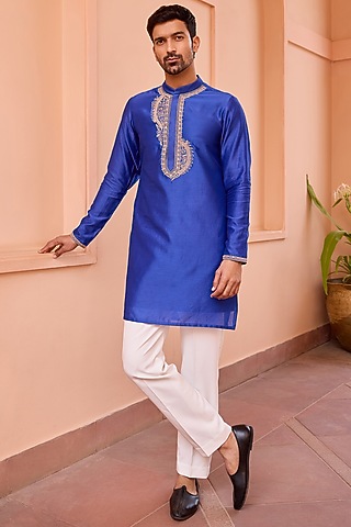 Blue Pure Chanderi Silk Hand Embroidered Kurta Set by Isha Gupta Tayal Men