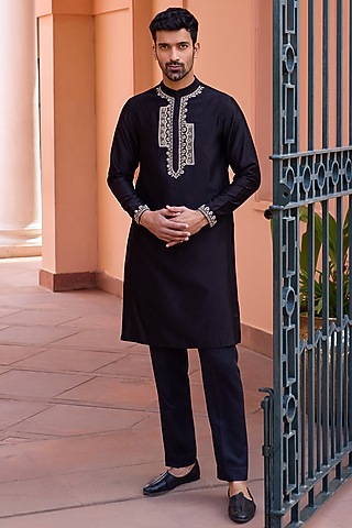 Black Pure Chanderi Silk Hand Embroidered Kurta by Isha Gupta Tayal Men