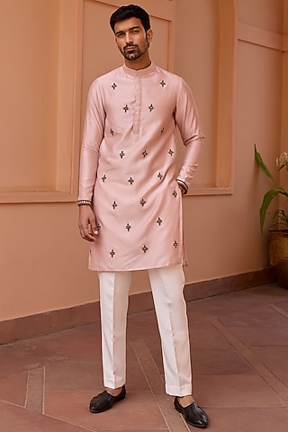 Dusty Pink Pure Chanderi Silk Hand Embroidered Kurta by Isha Gupta Tayal Men
