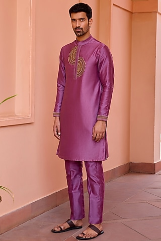Plum Earthy Pink Pure Chanderi Silk Hand Embroidered Kurta Set by Isha Gupta Tayal Men