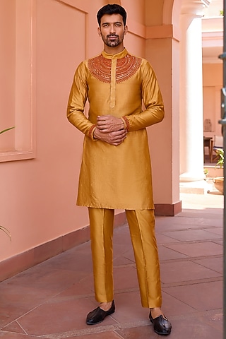 Gold Mustard Pure Chanderi Silk Hand Embroidered Kurta Set by Isha Gupta Tayal Men