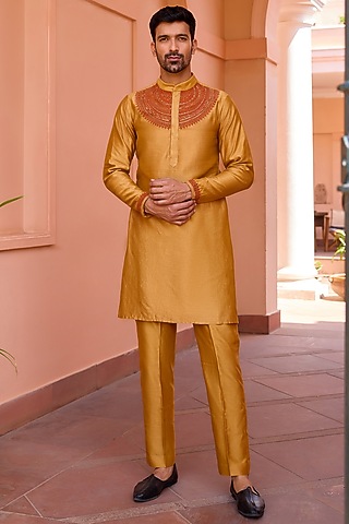 Gold Mustard Pure Chanderi Silk Hand Embroidered Kurta by Isha Gupta Tayal Men