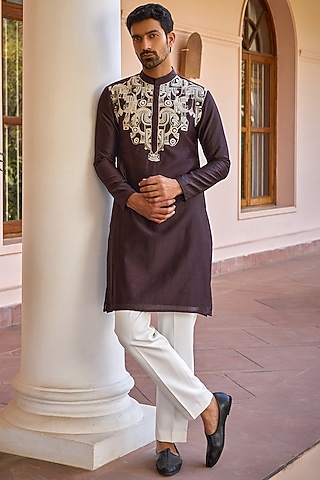 Brown Pure Chanderi Silk Hand Embroidered Kurta Set by Isha Gupta Tayal Men