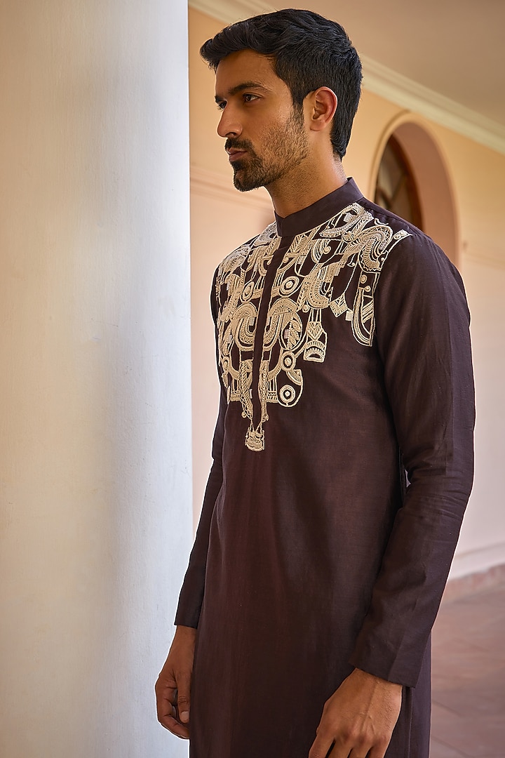 Brown Pure Chanderi Silk Hand Embroidered Kurta by Isha Gupta Tayal Men at Pernia's Pop Up Shop