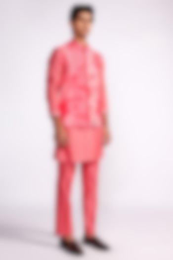 Pink Silk Printed & Embroidered Nehru Jacket Set by Isha Gupta Tayal Men at Pernia's Pop Up Shop