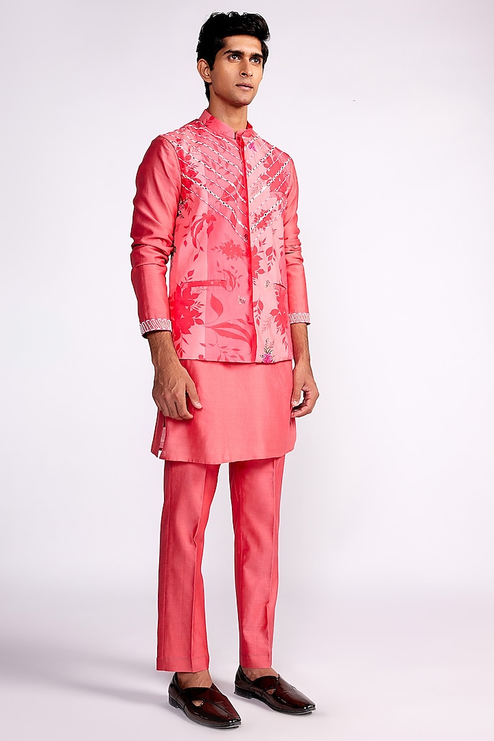 Pink Silk Printed & Embroidered Nehru Jacket Set by Isha Gupta Tayal Men at Pernia's Pop Up Shop