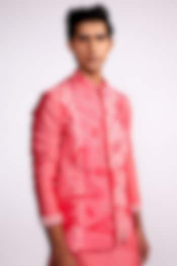 Pink Silk Printed & Embroidered Nehru Jacket by Isha Gupta Tayal Men at Pernia's Pop Up Shop