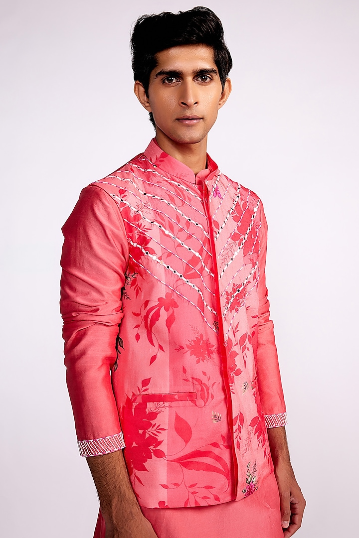 Pink Silk Printed & Embroidered Nehru Jacket by Isha Gupta Tayal Men at Pernia's Pop Up Shop