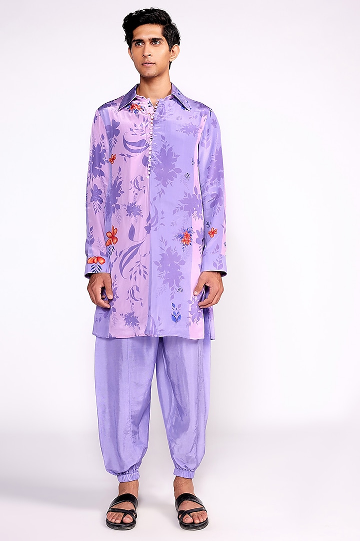 Lilac Crepe Printed Kurta by Isha Gupta Tayal Men